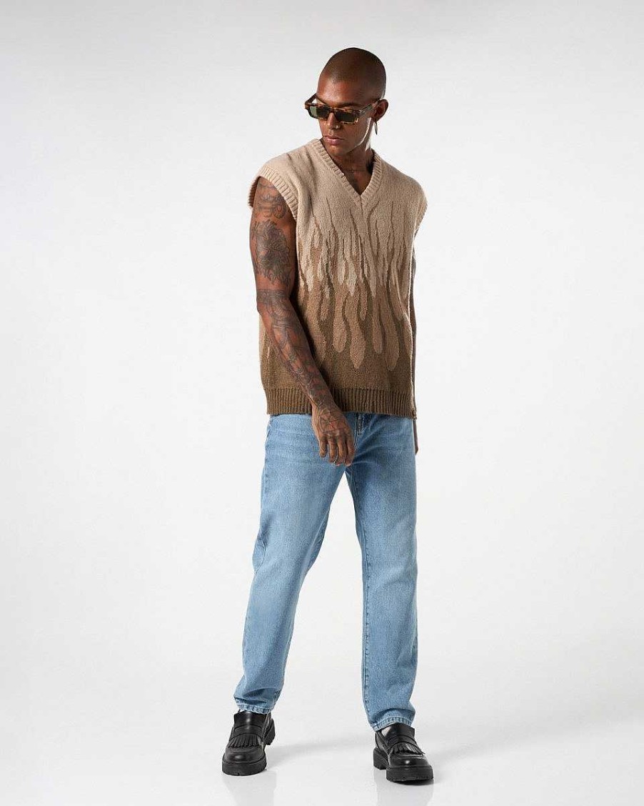 Men Vision of Super Jumpers | Sand Knitwear Vest With Double Flames