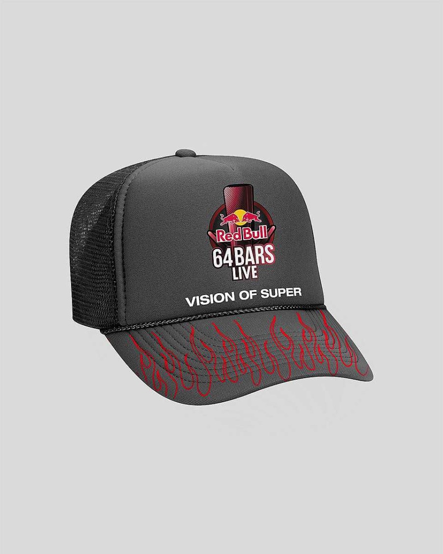 Men Vision of Super Accessories | Black Trucker With Red Bull 64 Bars Graphics