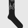 Men Vision of Super Socks | Black Socks With White Outline Flames