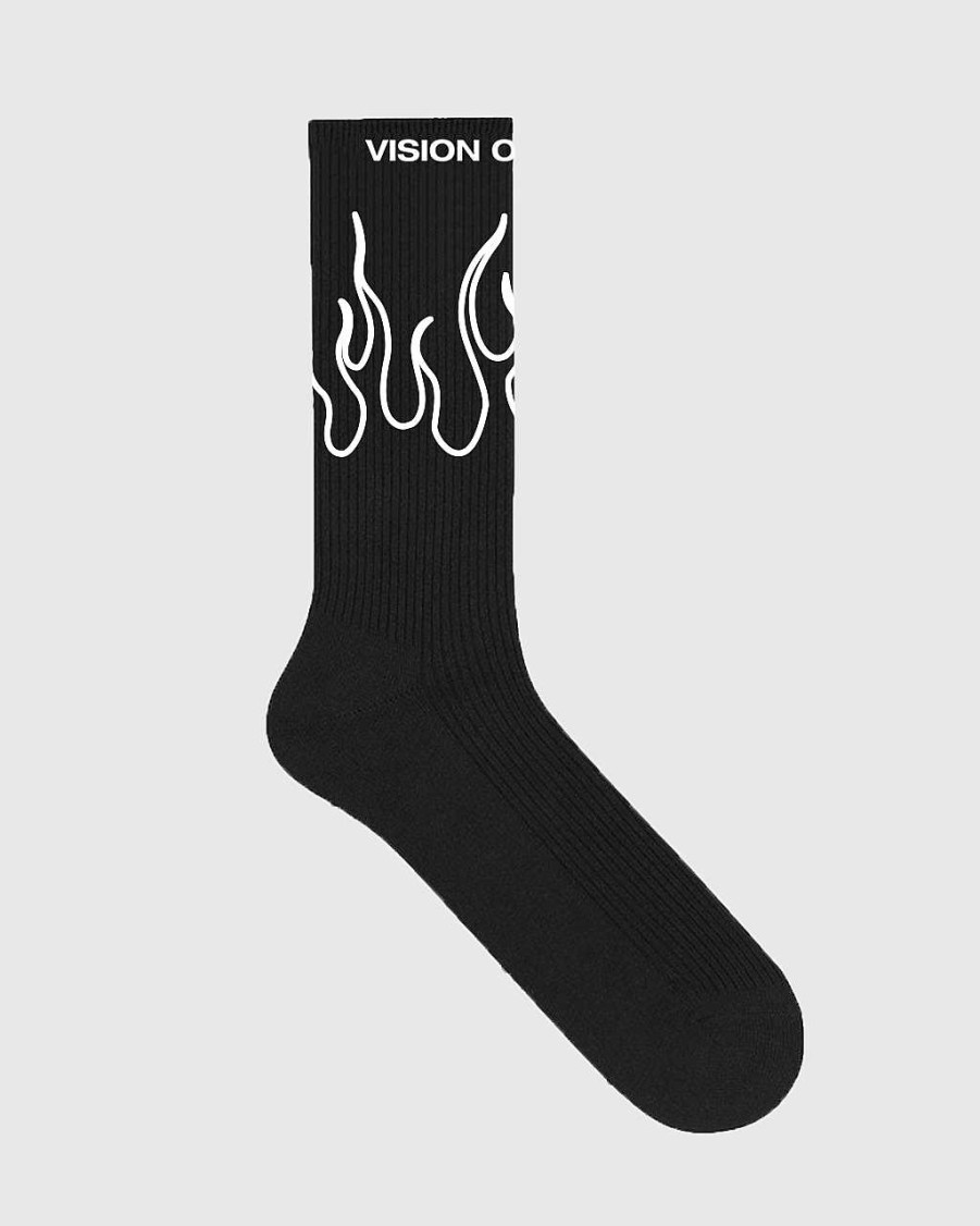 Men Vision of Super Socks | Black Socks With White Outline Flames