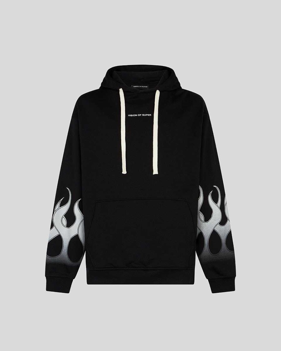 Men Vision of Super Sweatshirts | Black Hoodie With Grey Flames