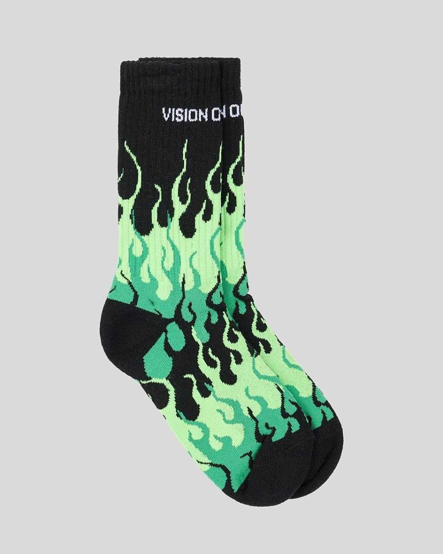 Men Vision of Super Socks | Black Socks With Green Triple Flames