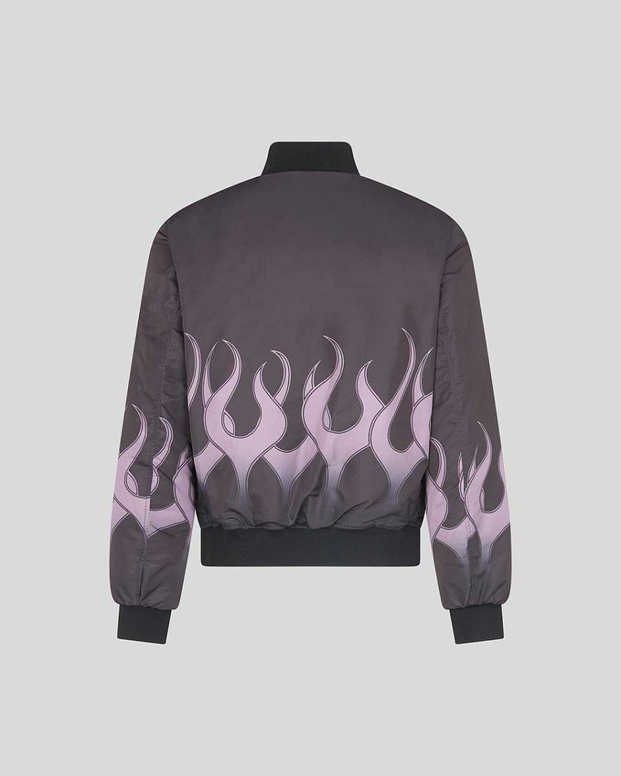 Men Vision of Super Outwear | Black Puffer Jacket With Purple Flames