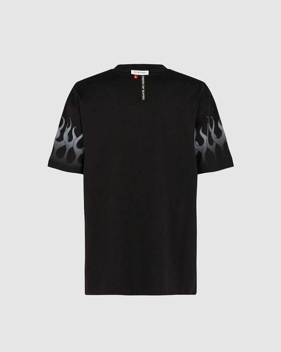 Men Vision of Super T-Shirts | Black T-Shirt With Grey Flames