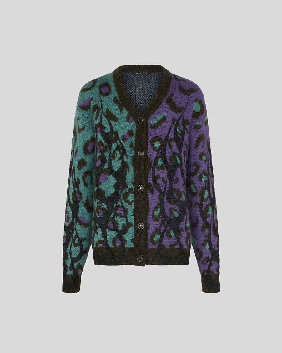 Men Vision of Super Jumpers | Multicolor Cardigan With Black Tribal Flames