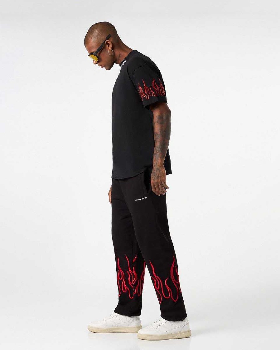 Men Vision of Super Pants | Black Pants With Red Embroidered Flames