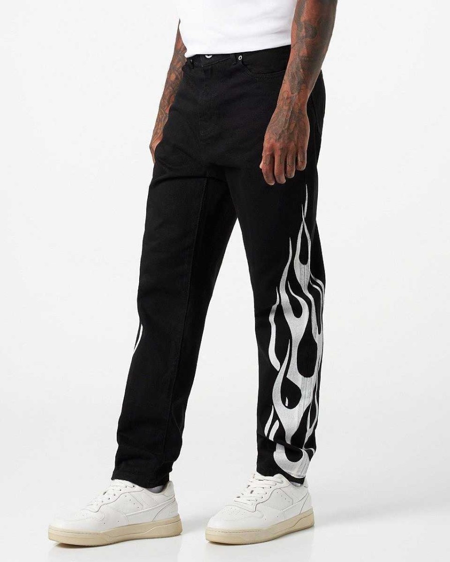 Men Vision of Super Pants | Black Jeans With White Flames