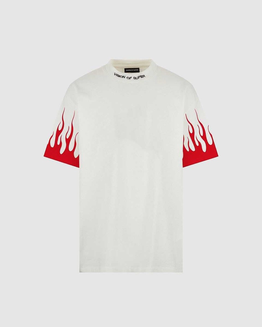 Men Vision of Super T-Shirts | White T-Shirt With Printed Red Flames