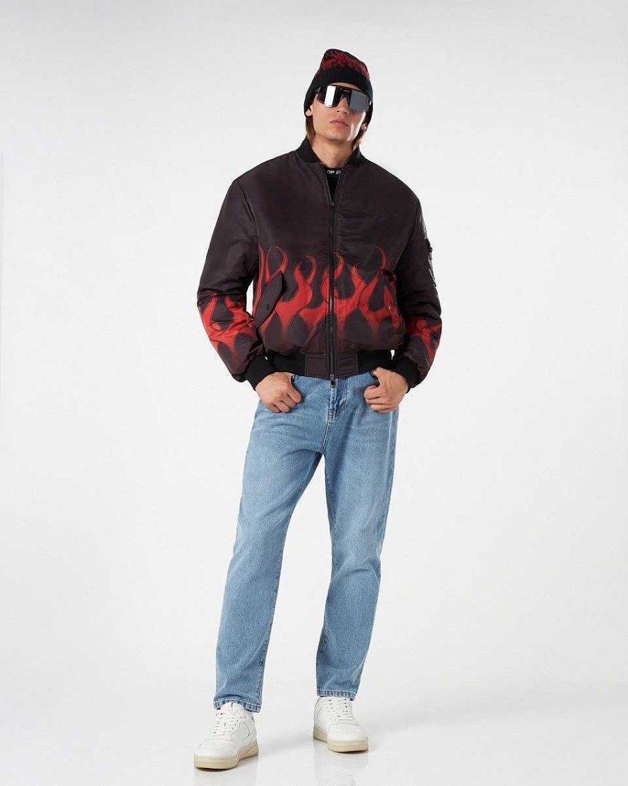 Men Vision of Super Outwear | Black Puffer Jacket With Red Flames