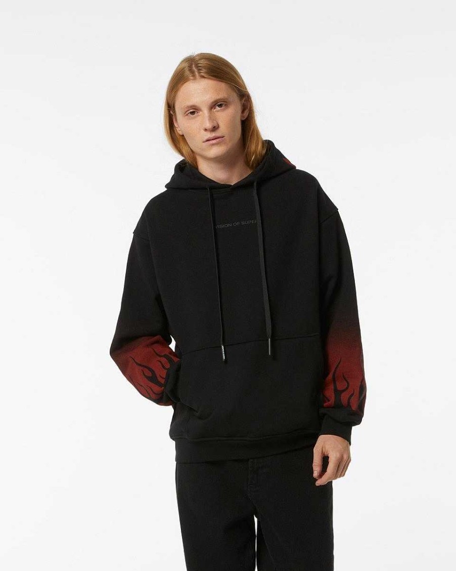 Men Vision of Super Sweatshirts | Red Negative Flames Black Hoodie