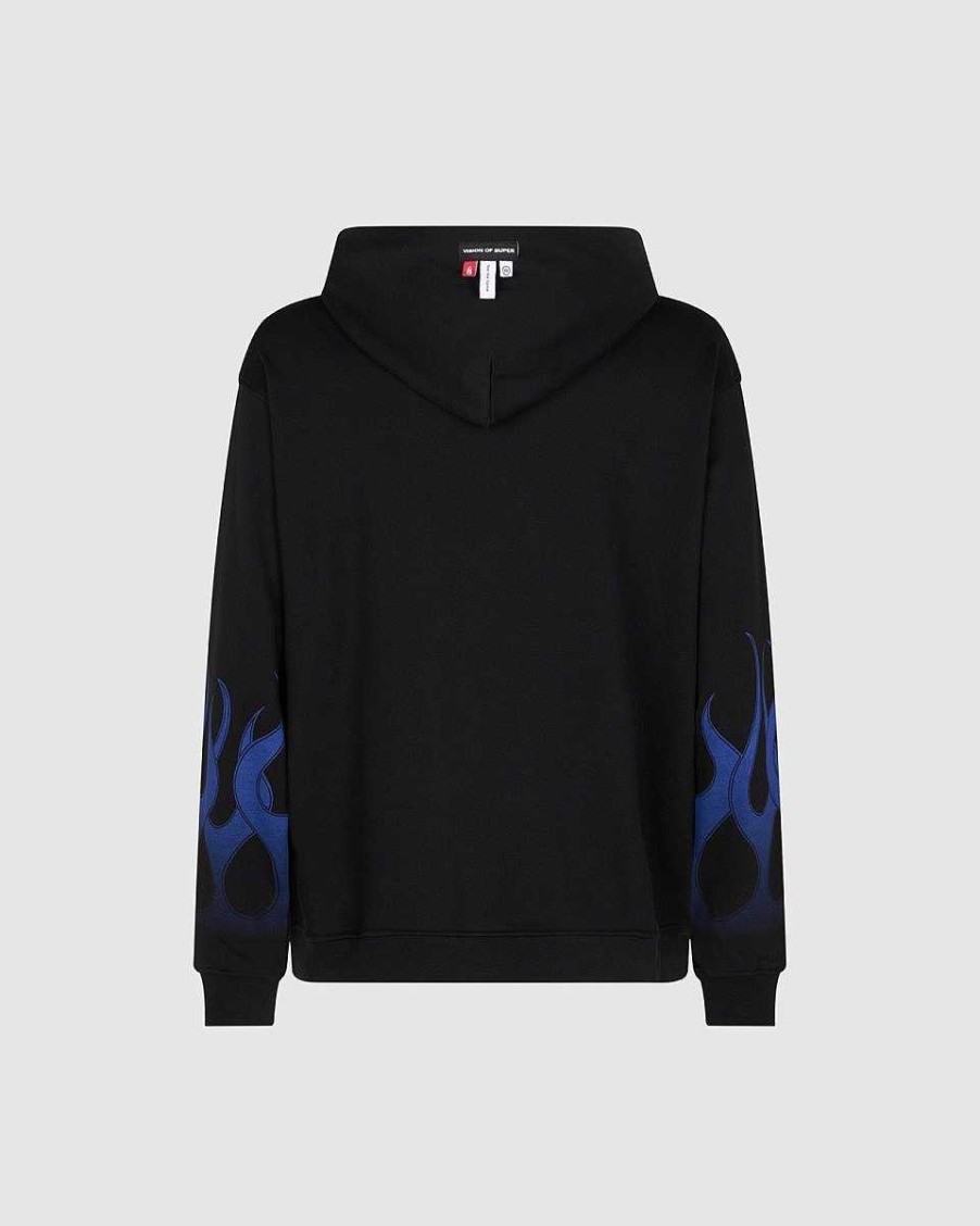 Men Vision of Super Sweatshirts | Black Hoodie With Blue Flames