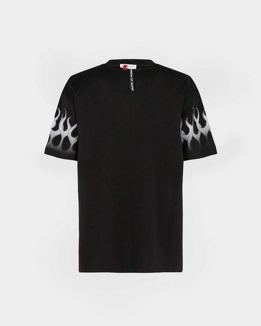 Men Vision of Super T-Shirts | Black T-Shirt With Light Grey Flames