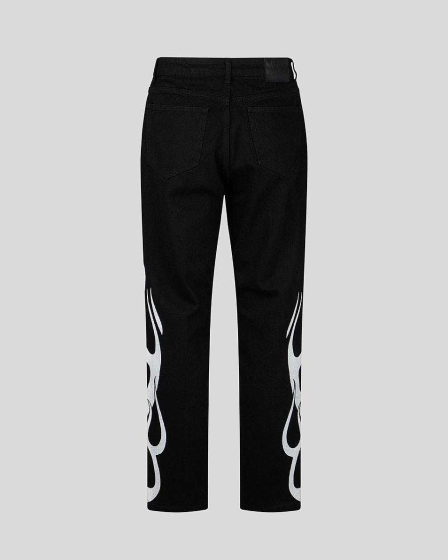 Men Vision of Super Pants | Black Jeans With White Flames