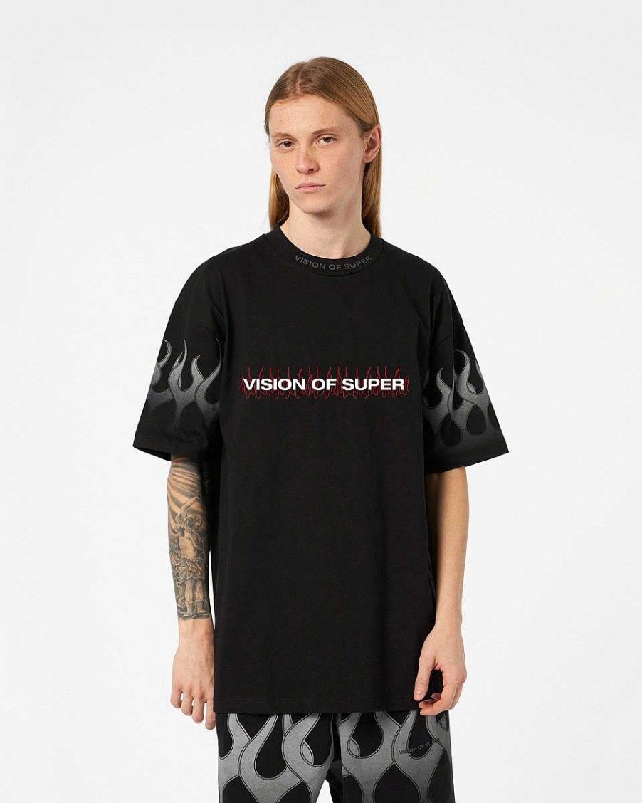 Men Vision of Super T-Shirts | Black T-Shirt With White Flames And Logo