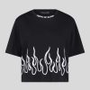 Men Vision of Super T-Shirts | Black Crop T-Shirt With White Embroidered Flames