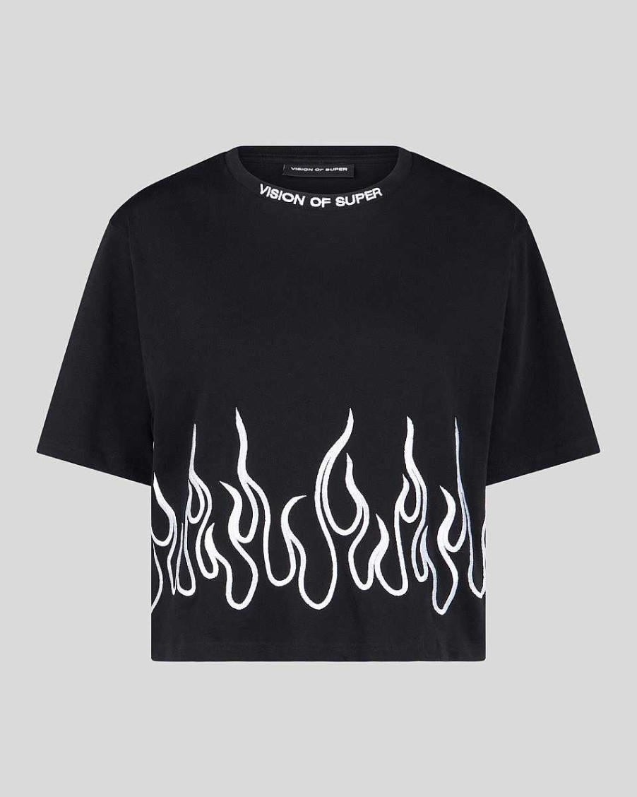 Men Vision of Super T-Shirts | Black Crop T-Shirt With White Embroidered Flames