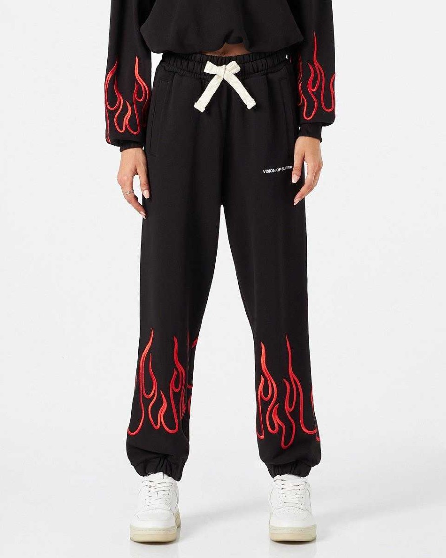 Men Vision of Super Pants | Black Woman Pants With Red Flames