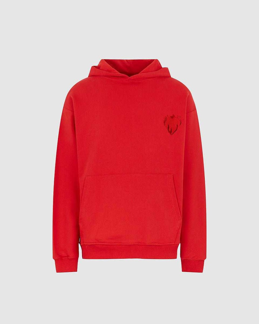 Men Vision of Super Sweatshirts | Red Hoodie With Embroidered Flaming Heart