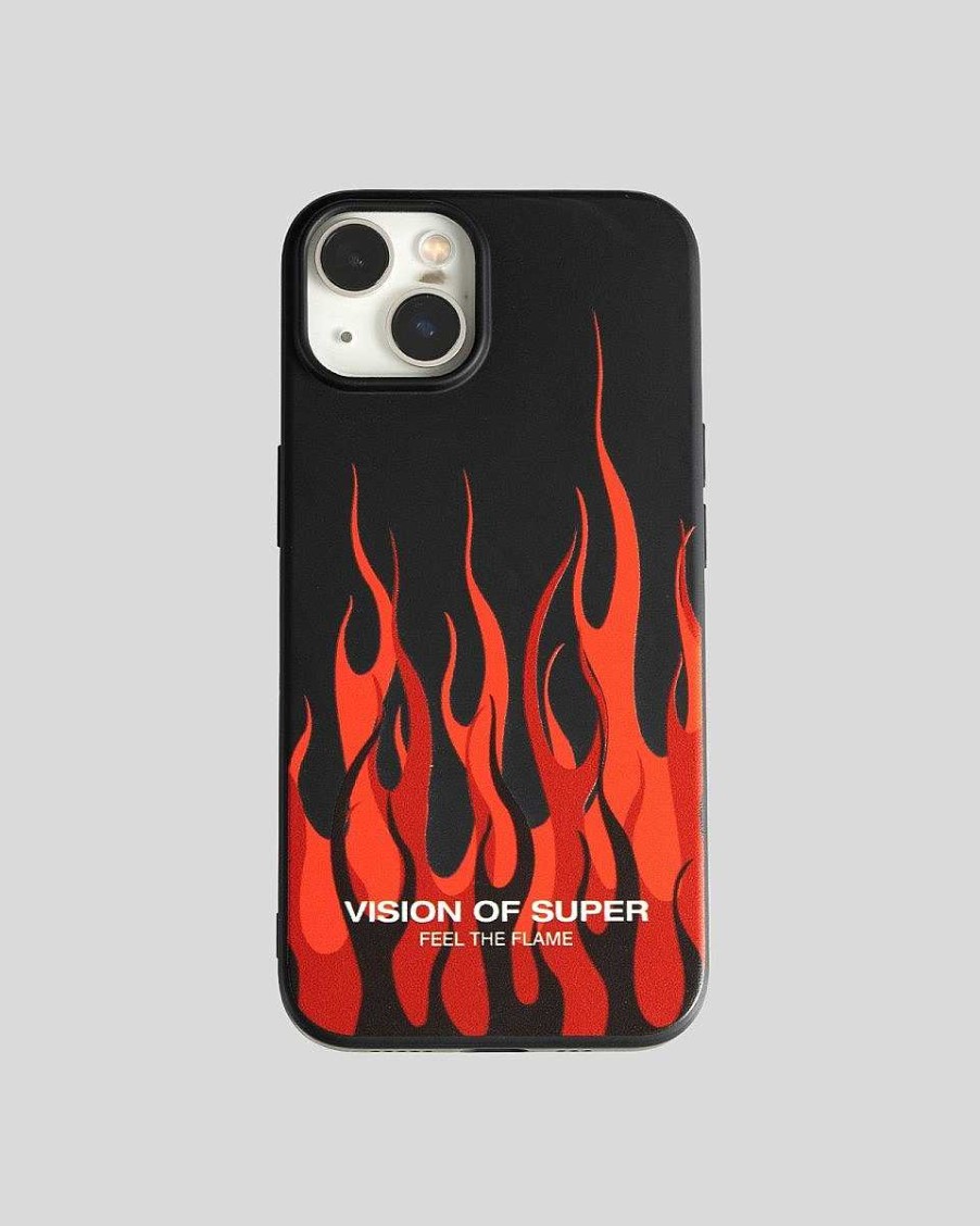 Men Vision of Super Accessories | Black Iphone 14 Pro Cover With Red Flames And White Logo