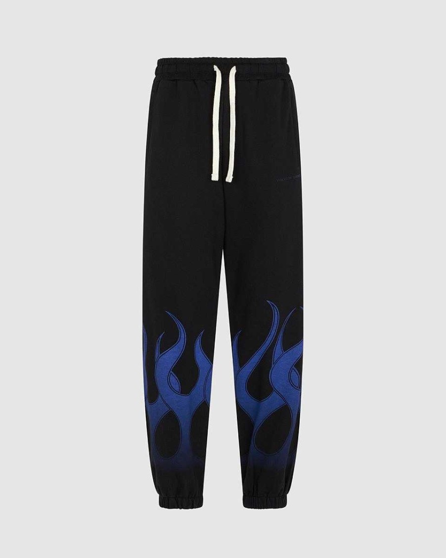 Men Vision of Super Pants | Black Pants With Blue Flames