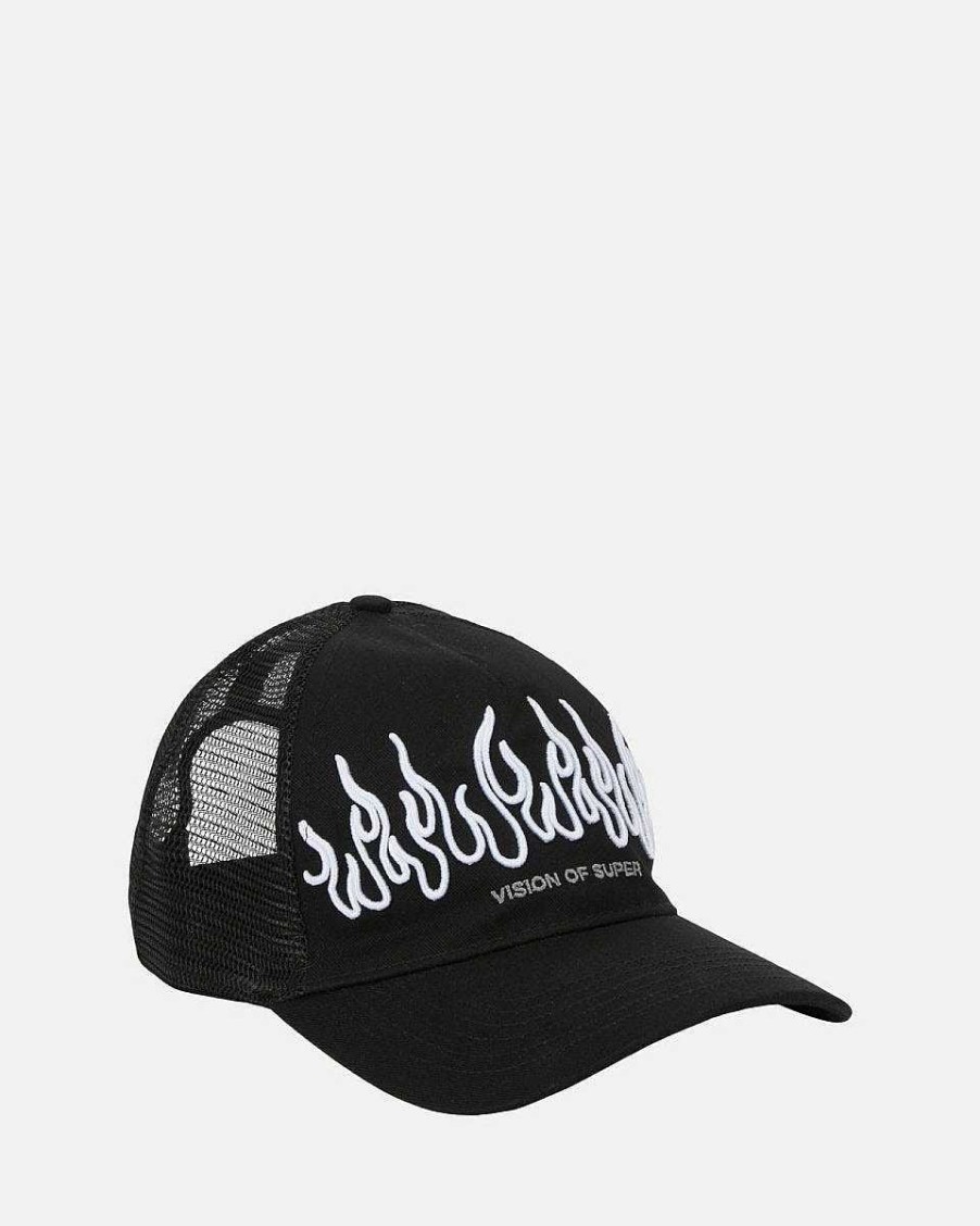 Men Vision of Super Accessories | Black Cap With White Embroidered Flames