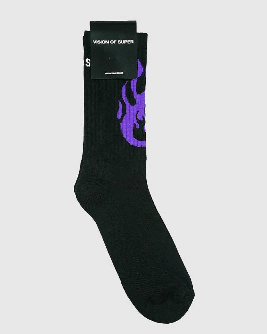 Men Vision of Super Socks | Black Socks With Purple Fire Logo