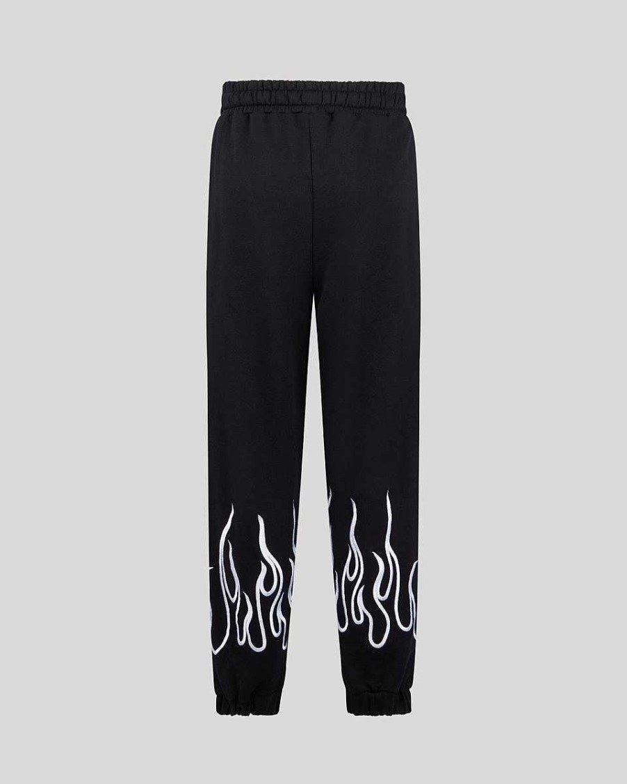 Men Vision of Super Pants | Black Woman Pants With White Embroidered Flames