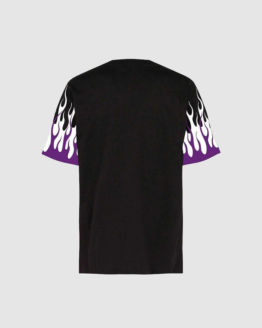 Men Vision of Super T-Shirts | Black T-Shirt With Printed Purple And White Flames