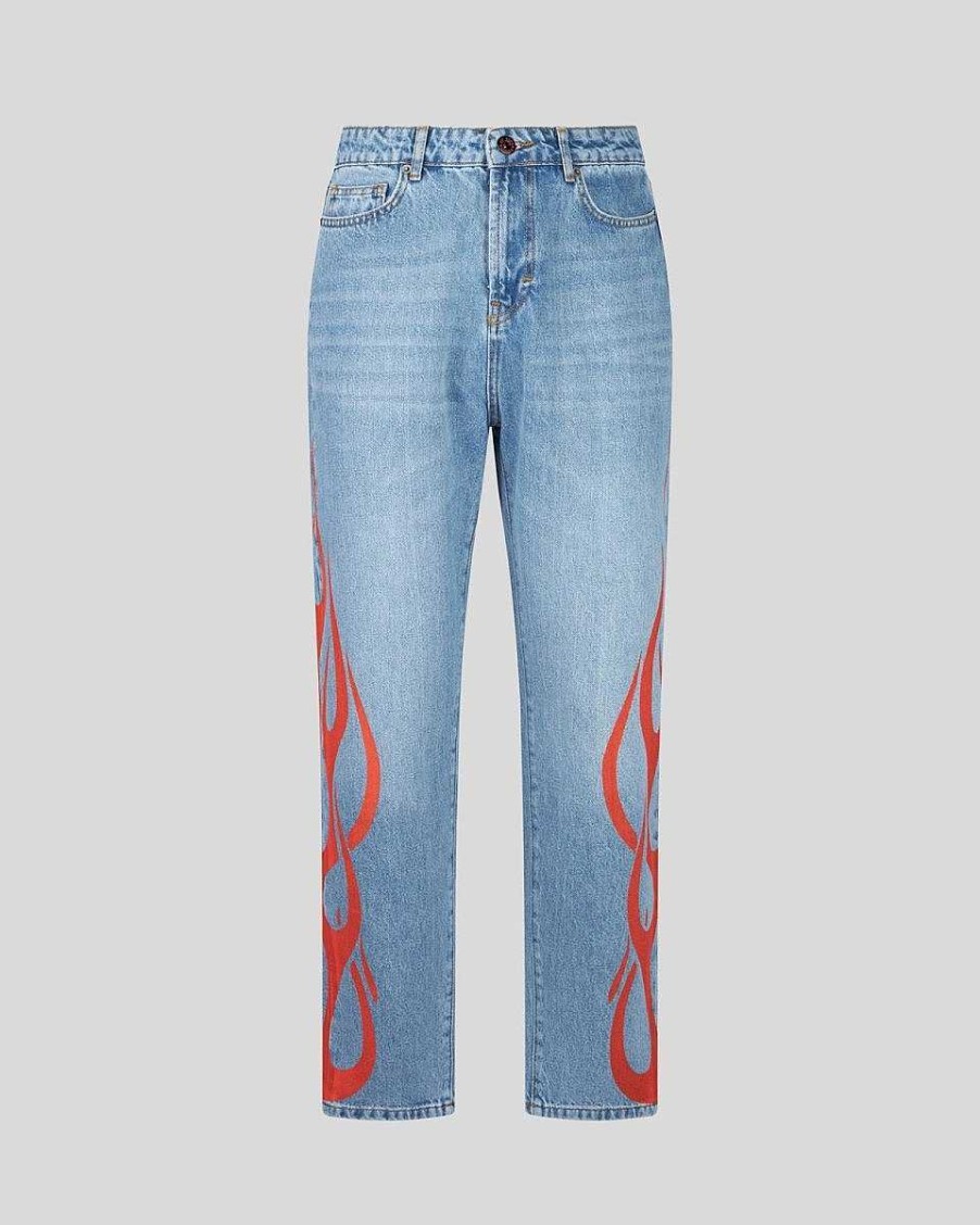 Men Vision of Super Pants | Blue Denim With Red Tribal Flames