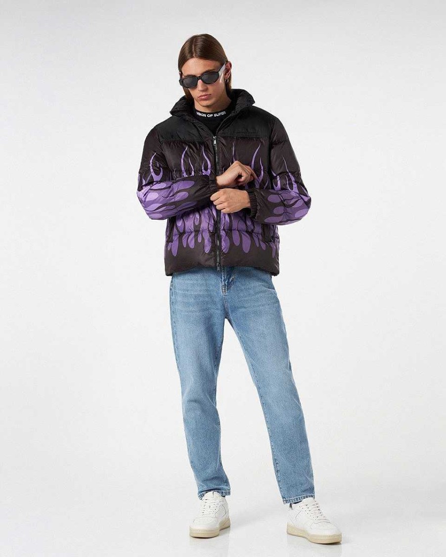 Men Vision of Super Outwear | Black Double Face Puffer Jacket With Purple Triple Flames