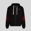 Men Vision of Super Sweatshirts | Black Zip Hoodie With Red Embroidered Flames