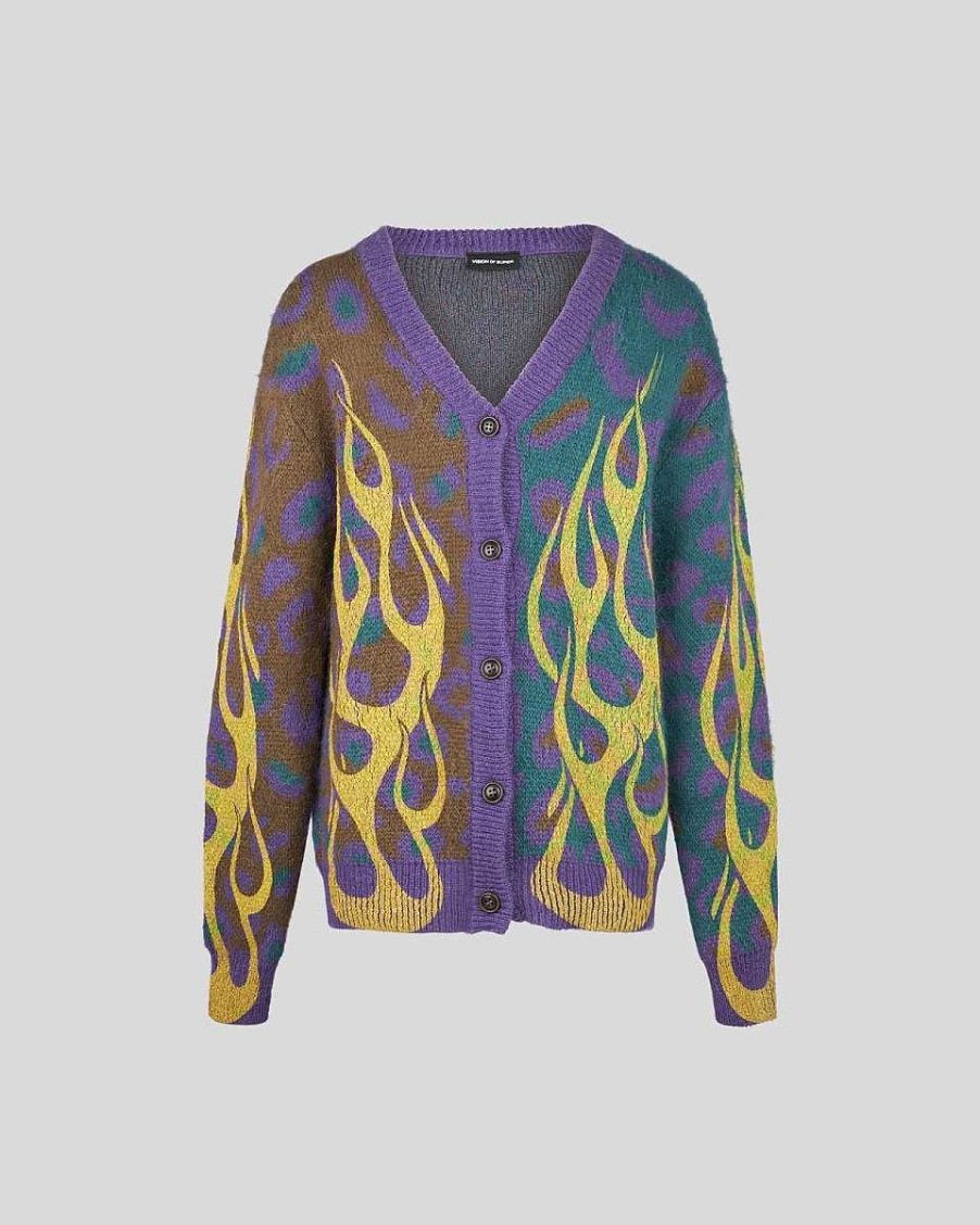 Men Vision of Super Jumpers | Multicolor Cardigan With Yellow Tribal Flames