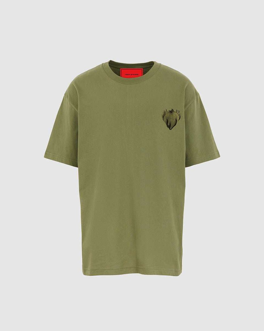 Men Vision of Super T-Shirts | Green T-Shirt With Embroidered Flaming Heart