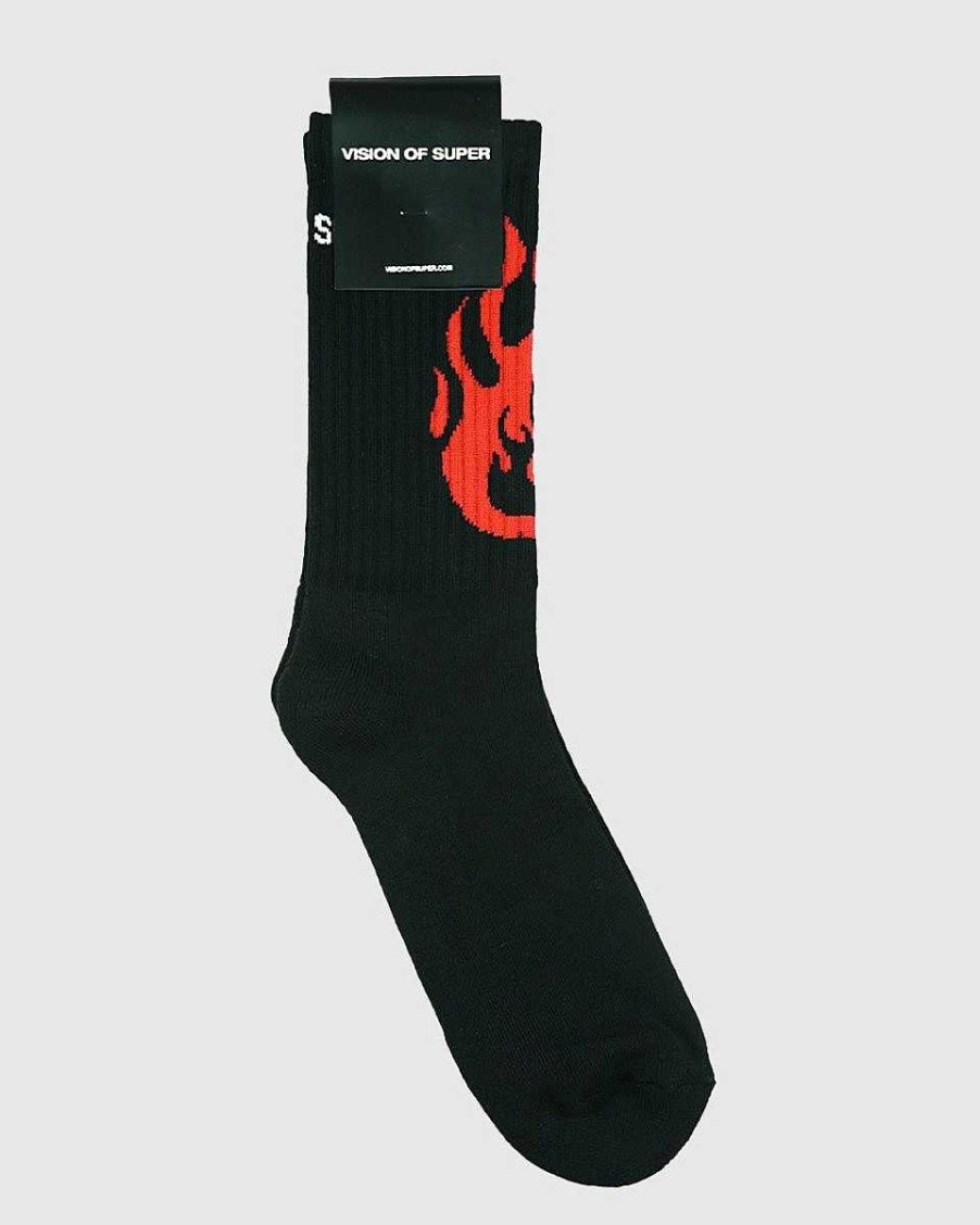 Men Vision of Super Socks | Black Socks Whit Red Fire Logo