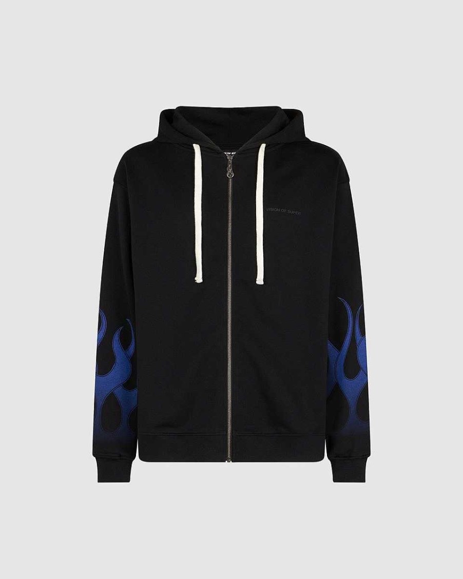 Men Vision of Super Sweatshirts | Black Zip Hoodie With Blue Flames