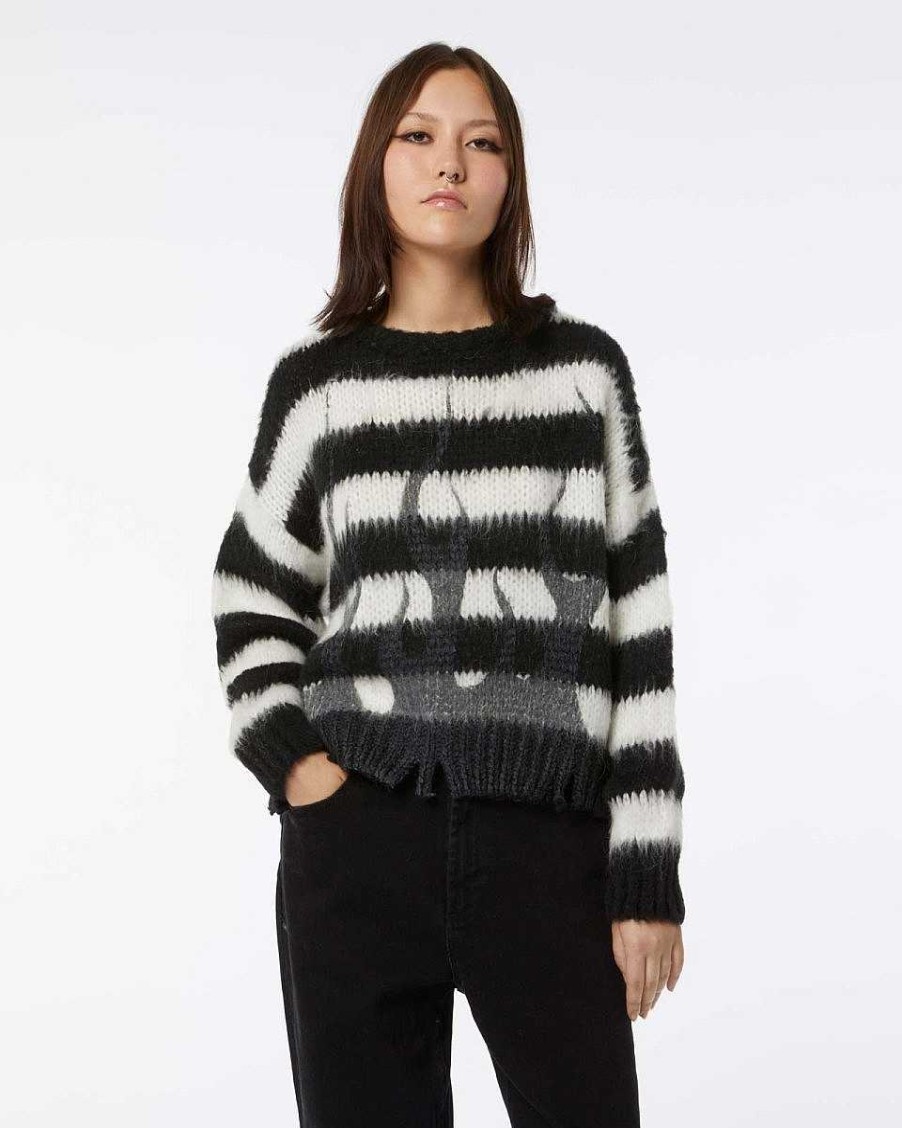 Men Vision of Super Jumpers | White Striped Woman Jumper With Black Flames