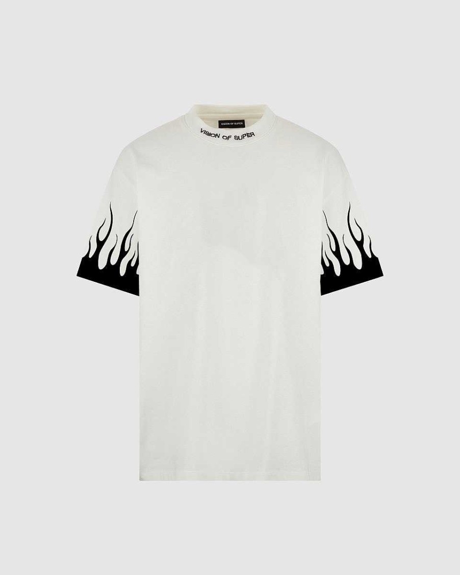 Men Vision of Super T-Shirts | White T-Shirt With Printed Black Flames