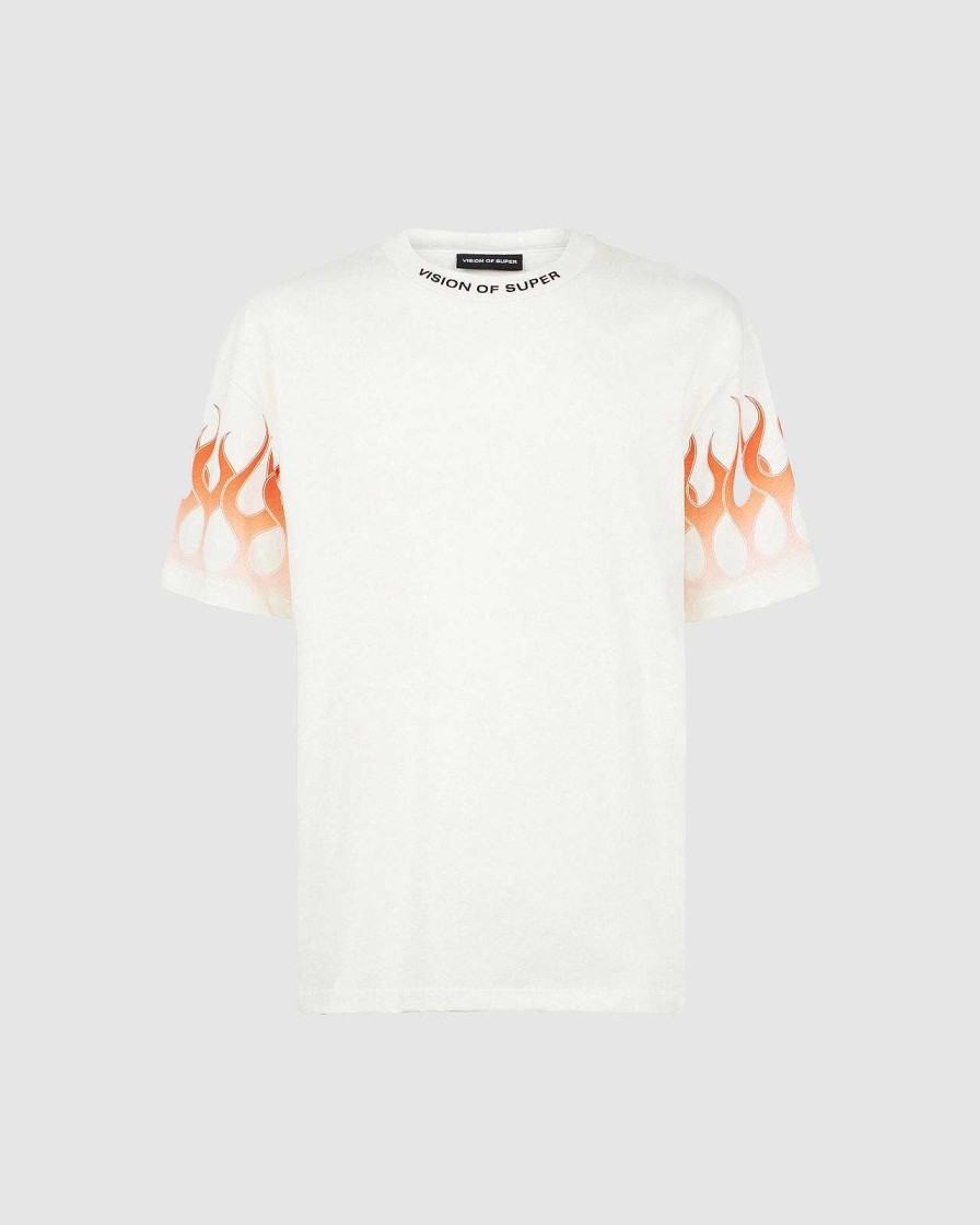 Men Vision of Super T-Shirts | White T-Shirt With Orange Flames