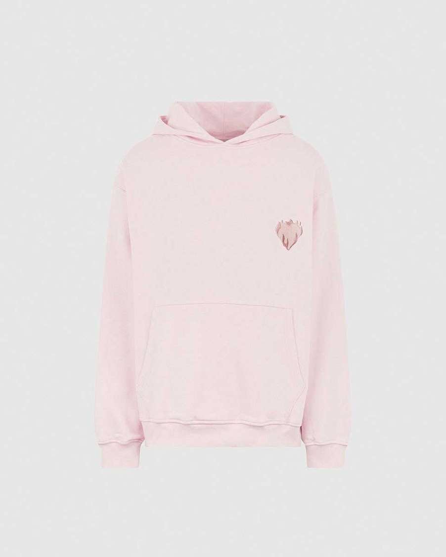 Men Vision of Super Sweatshirts | Pink Hoodie With Embroidered Flaming Heart