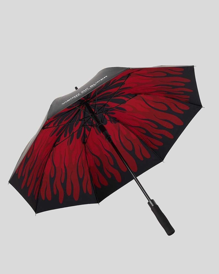 Men Vision of Super Accessories | Black Umbrella With Triple Flames And Logo Print