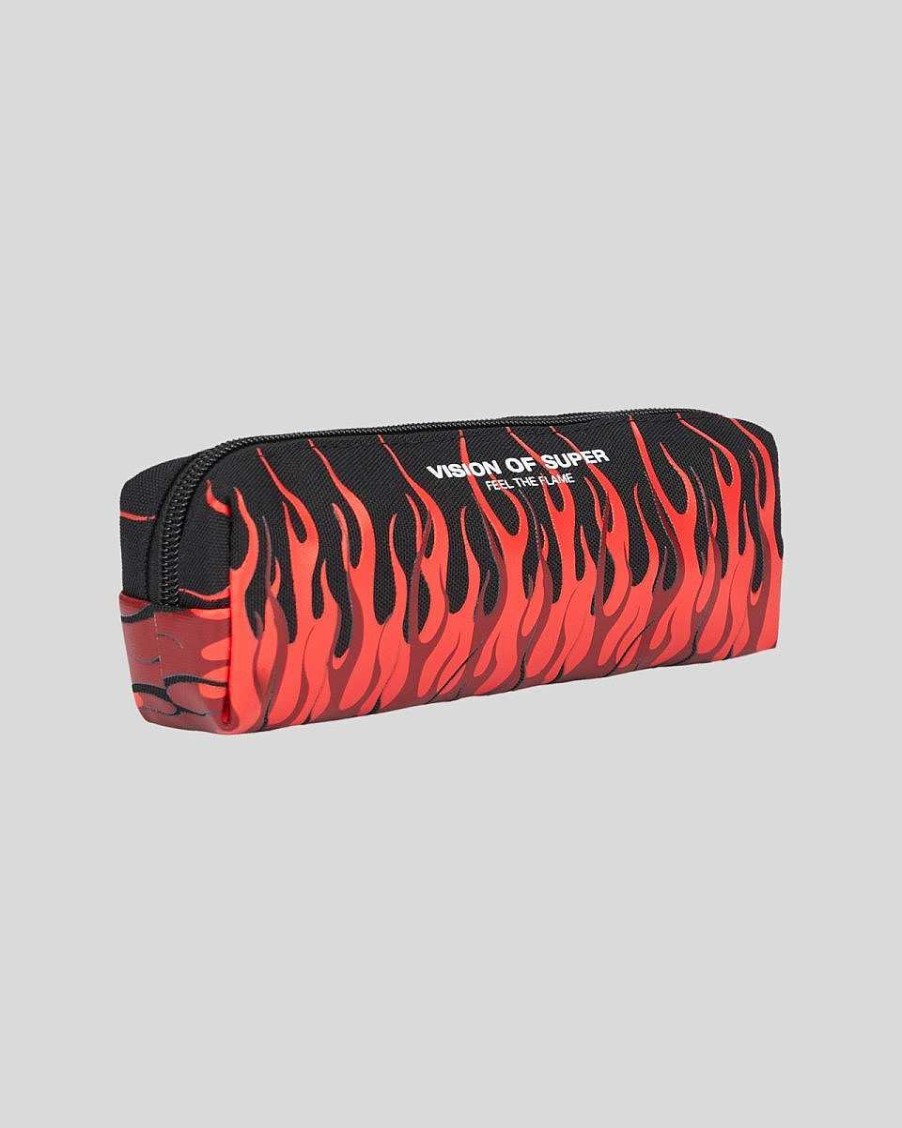 Men Vision of Super Accessories | Black Pencil Case With Triple Flames And Logo