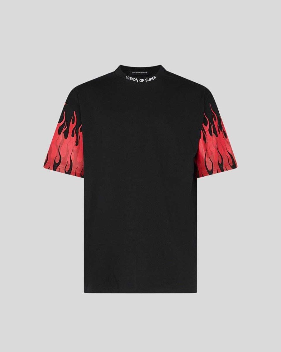 Men Vision of Super T-Shirts | Black T-Shirt With Reversed Red Flames On Sleeves