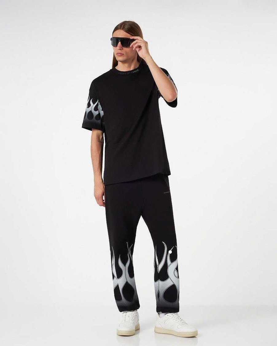 Men Vision of Super Pants | Black Pants With White Flames