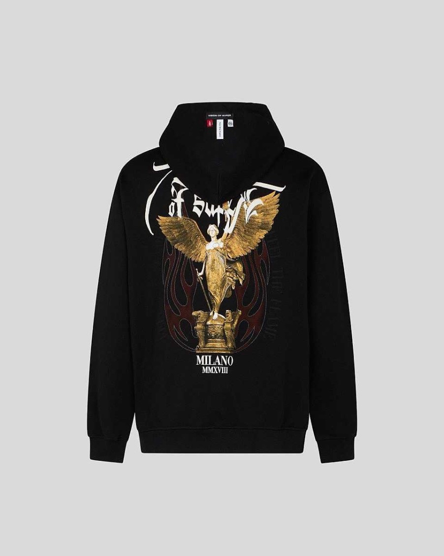 Men Vision of Super Sweatshirts | Black Hoodie With Angel Statue Graphics