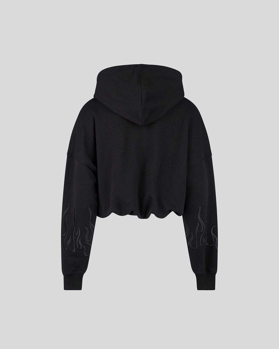 Men Vision of Super Sweatshirts | Black Crop Hoodie With Black Embroidered Flames