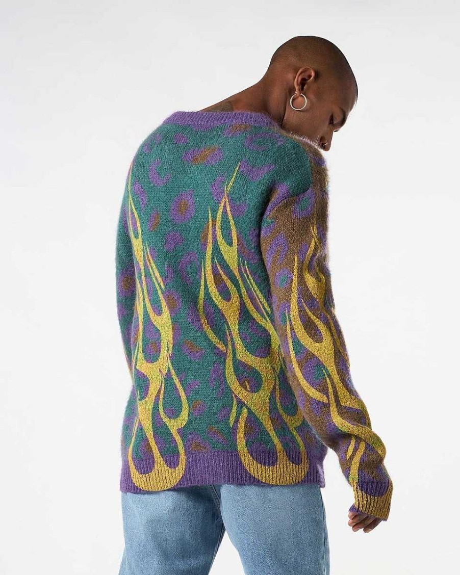 Men Vision of Super Jumpers | Multicolor Cardigan With Yellow Tribal Flames