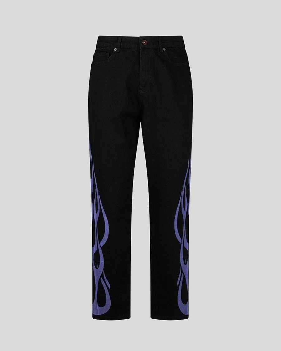 Men Vision of Super Pants | Black Denim With Purple Flames