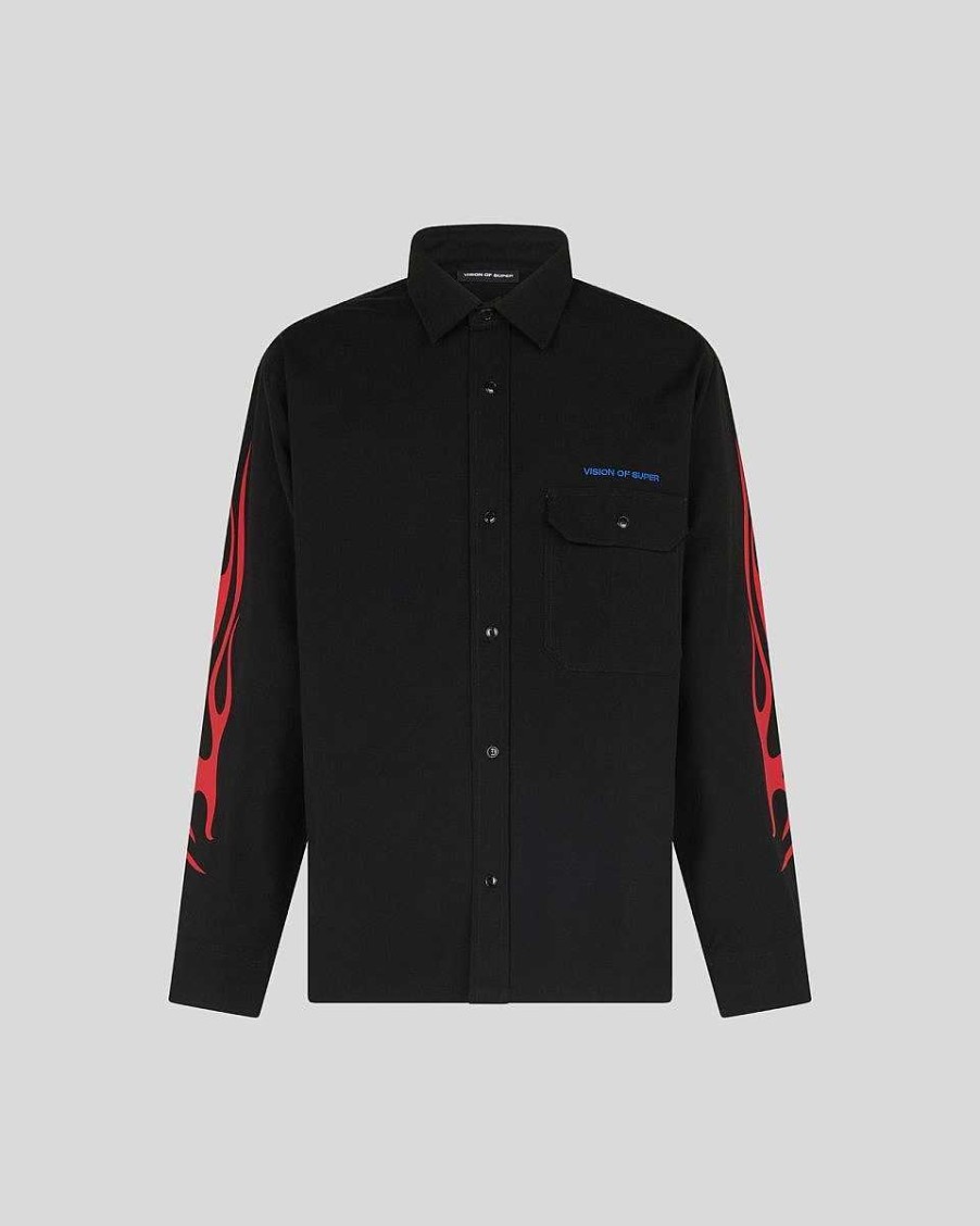 Men Vision of Super Shirts | Black Worker Shirt With Tribal Flames