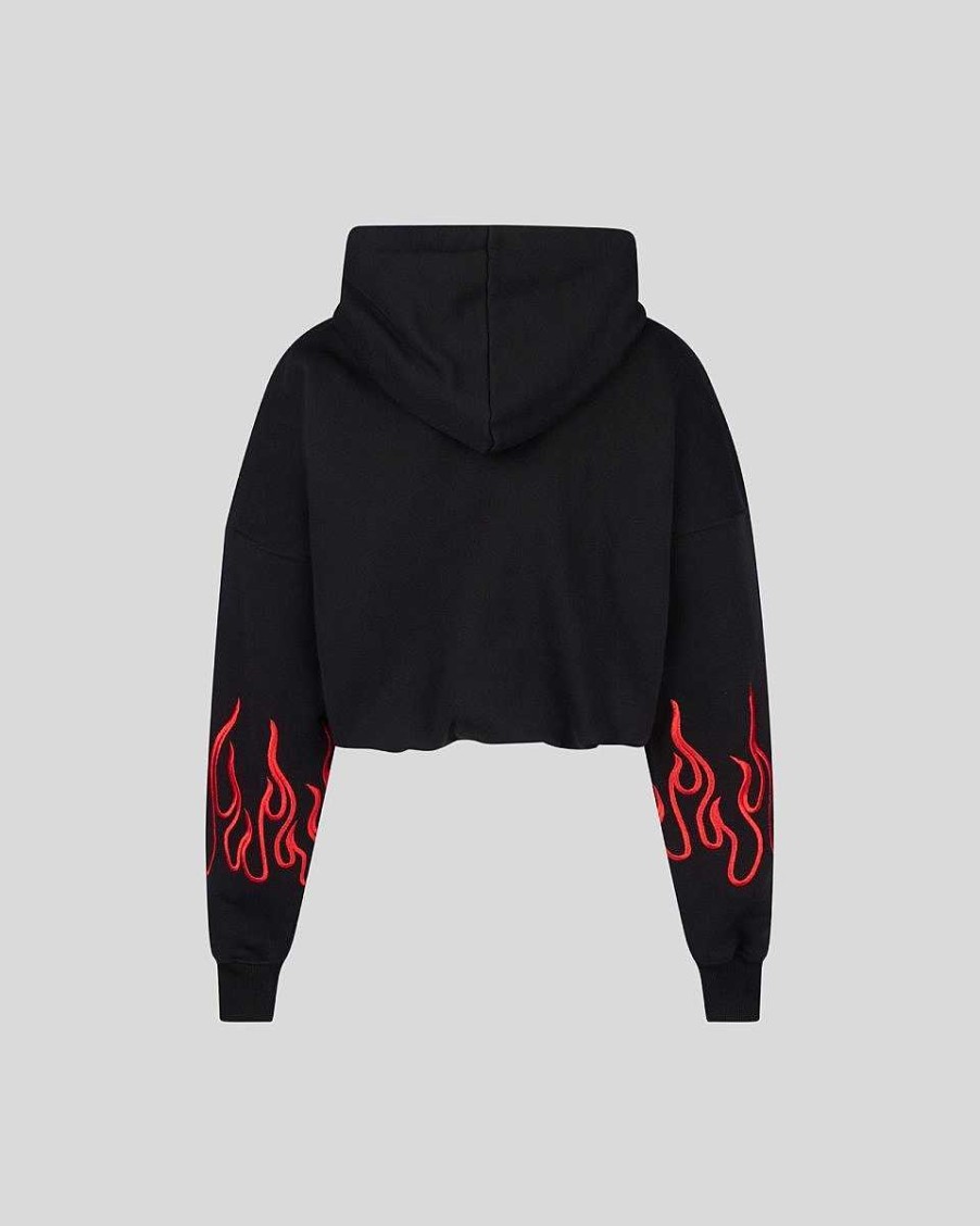 Men Vision of Super Sweatshirts | Black Crop Hoodie With Red Embroidered Flames