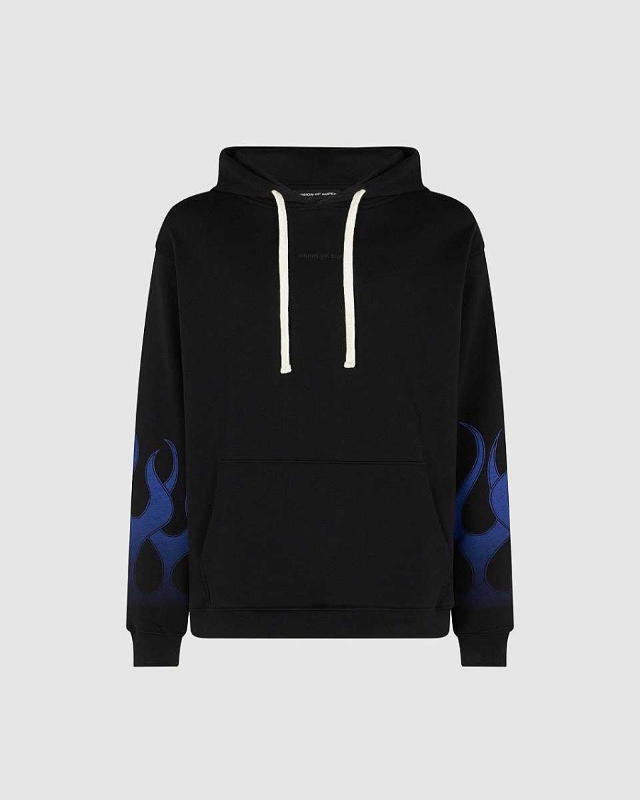 Men Vision of Super Sweatshirts | Black Hoodie With Blue Flames